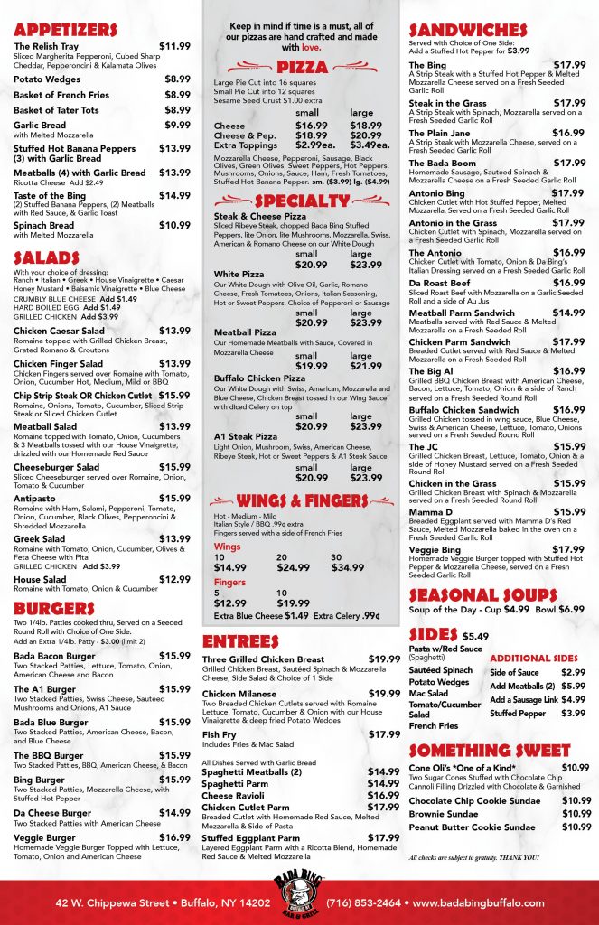 Menus Bada Bing Bar & GrillBada Bing Bar & Grill