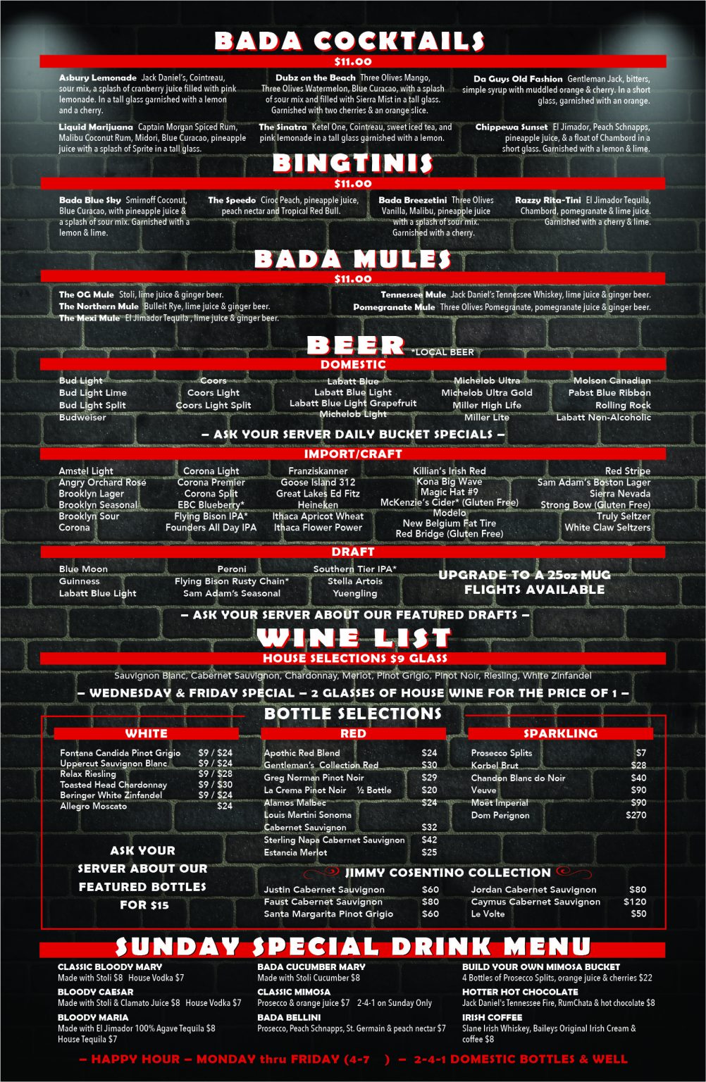 Menus Bada Bing Bar & GrillBada Bing Bar & Grill