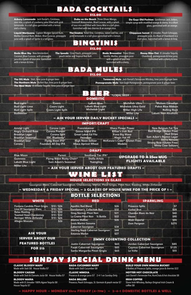 Menus Bada Bing Bar & GrillBada Bing Bar & Grill
