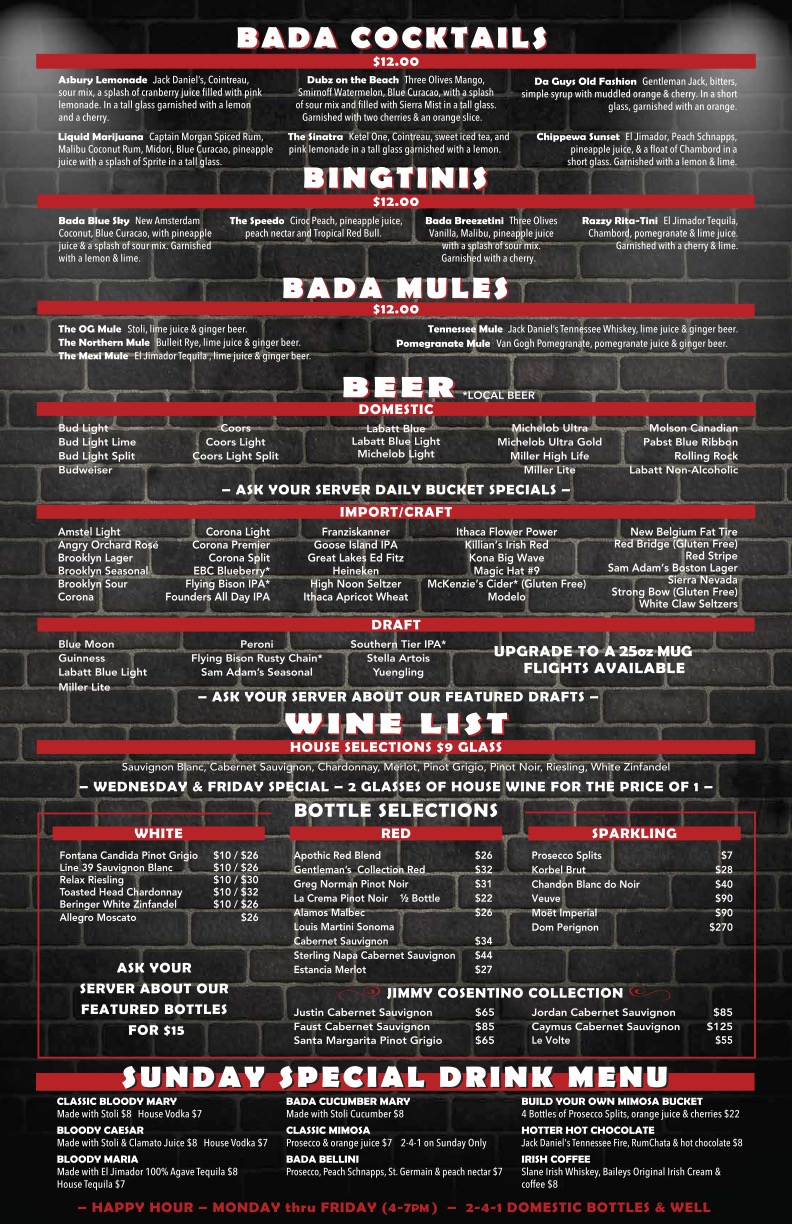 Menus Bada Bing Bar & GrillBada Bing Bar & Grill